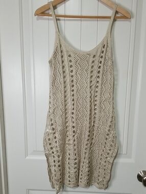 Crochet Spaghetti Strap Cover-Up Dress in Natural Khaki Size Large NWT